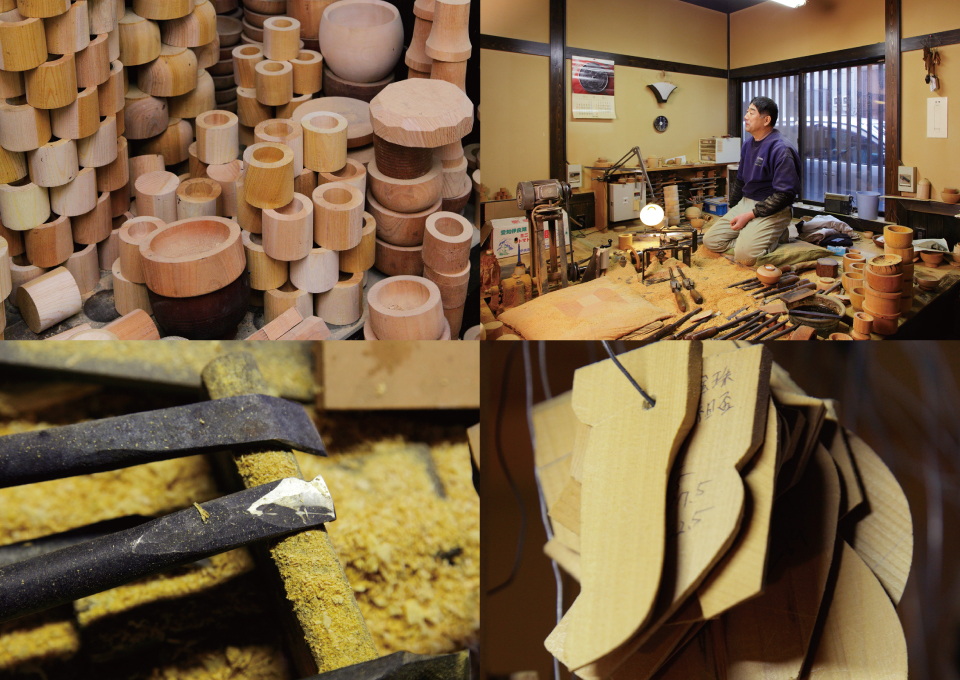 Upper Left：Wood block approximately got into shape. After going through drying in smoke for half a year, the after natural drying to control water content ratio for one year to stabilize dimensional preciseness, it is put into rough shaping process. Bottom Left：Planes that Wood Substrate Crafters made by own. Their own know-how are incorporated in some of those. Upper Right：Mr. Tsuji’s workshop is located inside a nagaya-style workshop in Wajima. Bottom Right：Gauges to measure angles of bowls. They fit each other perfectly because of their long experiences.